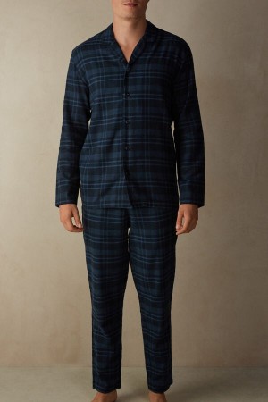 Intimissimi Full Length Pajamas In Brushed Check Patterned Cloth Plave | SN-ITMSM58707