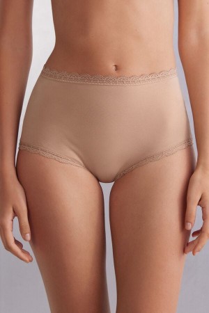 Intimissimi High Rise Cotton And Lace Hipsters Bež | SN-ITMSM57689