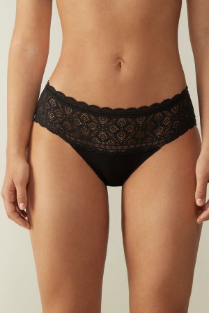 Intimissimi Lace And Cotton High Rise Panties Crne | SN-ITMSM57559