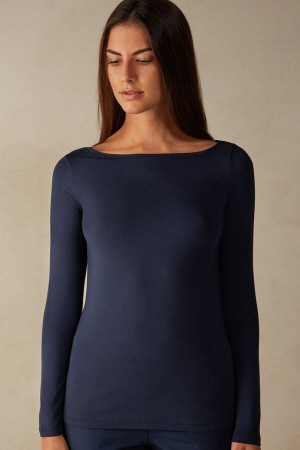 Intimissimi Long Sleeve Bateau Neck Top In Micromodal Plave | SN-ITMSM58085