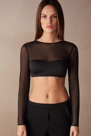 Intimissimi Long Sleeve Bra Top In Ultralight Microfiber And Tulle Crne | SN-ITMSM56868