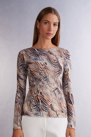 Intimissimi Long Sleeve Printed Boatneck Top In Ultralight With Cashmere Visebojne | SN-ITMSM58105