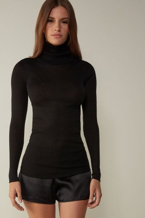 Intimissimi Long-sleeve High-neck Tubular Top In Vuna And Silk Crne | SN-ITMSM58069