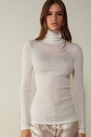 Intimissimi Long-sleeve High-neck Tubular Top In Vuna And Silk Bijele | SN-ITMSM58070