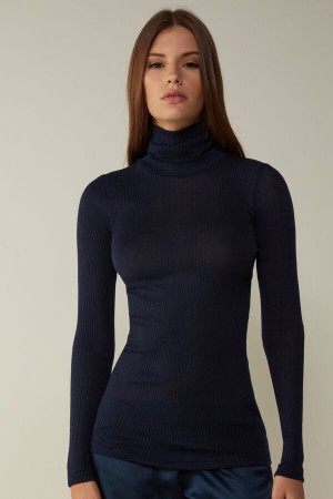 Intimissimi Long-sleeve High-neck Tubular Top In Vuna And Silk Plave | SN-ITMSM58072