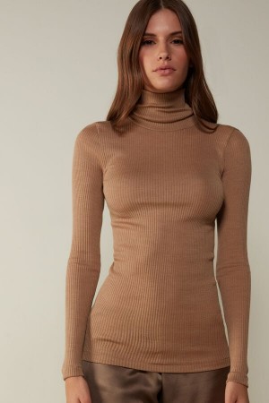 Intimissimi Long-sleeve High-neck Tubular Top In Vuna And Silk Smeđe | SN-ITMSM58081