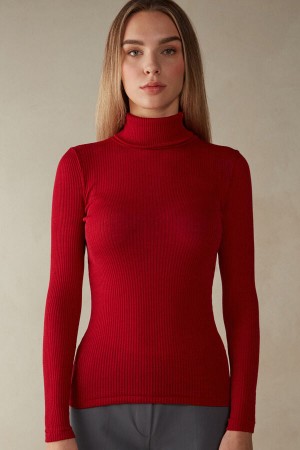 Intimissimi Long-sleeve High-neck Tubular Top In Vuna And Silk Crvene | SN-ITMSM58082