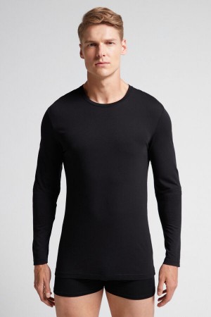 Intimissimi Long-sleeve Supima® Cotton Top Crne | SN-ITMSM58622