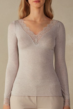 Intimissimi Modal Cashmere Ultralight Long Lace Shirt Bež | SN-ITMSM58090