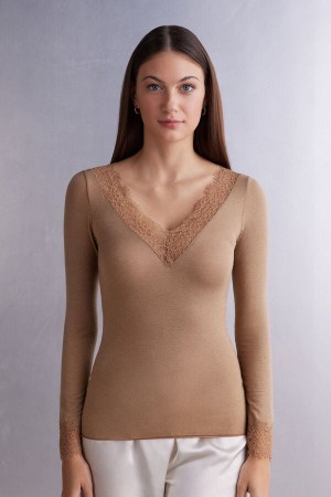 Intimissimi Modal Cashmere Ultralight Long Lace Shirt Smeđe | SN-ITMSM58108