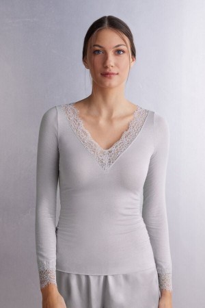 Intimissimi Modal Cashmere Ultralight Long Lace Shirt Sive | SN-ITMSM58109