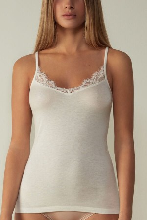 Intimissimi Modal Ultralight Cashmere Blend Top With Lace Bijele | SN-ITMSM57958