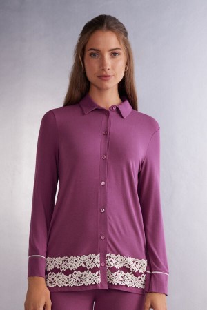 Intimissimi Pretty Flowers Button Up Shirt In Modal Ljubičaste | SN-ITMSM58263