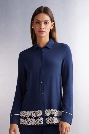 Intimissimi Pretty Flowers Button Up Shirt In Modal Plave | SN-ITMSM58298