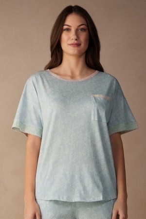 Intimissimi Romantic Cashmere Short Sleeve Cotton Top Svijetlo Plave | SN-ITMSM58342