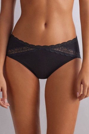 Intimissimi Semi-high Rise Cotton And Lace Panties Crne | SN-ITMSM57632