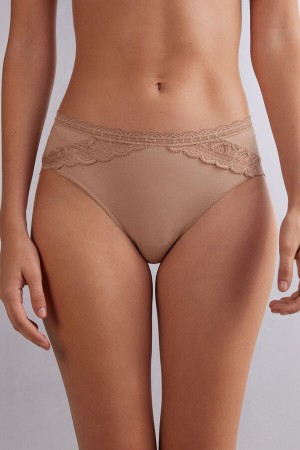 Intimissimi Semi-high Rise Cotton And Lace Panties Bež | SN-ITMSM57633