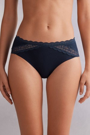 Intimissimi Semi-high Rise Cotton And Lace Panties Plave | SN-ITMSM57634