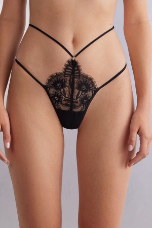 Intimissimi Sensual Flowers Thong Crne | SN-ITMSM57745