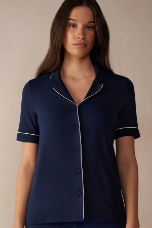 Intimissimi Short Sleeve Button Up Shirt In Modal Plave | SN-ITMSM58349