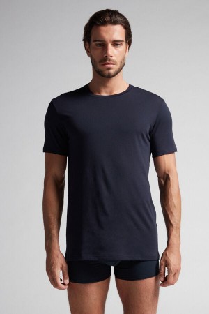 Intimissimi Short Sleeve Crew Neck T Shirt In Supima® Cotton Plave | SN-ITMSM58595