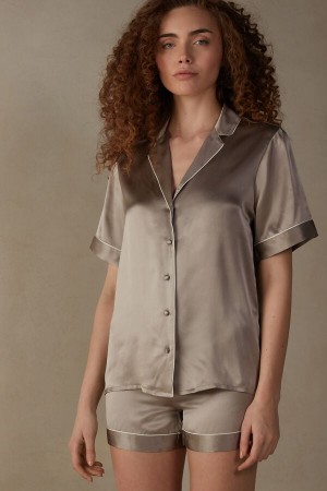 Intimissimi Short Sleeve Silk Shirt With Contrast Trim Bež | SN-ITMSM58328