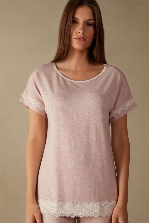 Intimissimi Short-sleeve Modal Top With Lace Detail Roze | SN-ITMSM58332