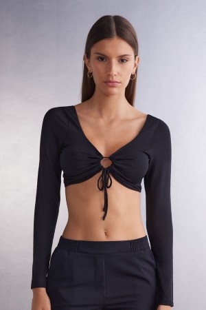 Intimissimi Sinful Fantasies Long Sleeve Crop Top Crne | SN-ITMSM58107