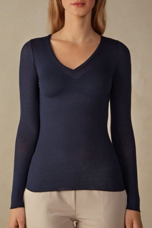 Intimissimi V-neck Top In Modal Ultralight With Cashmere Plave | SN-ITMSM58088