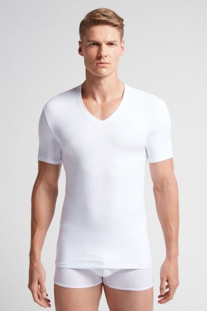 Intimissimi V-neck T-shirt In Stretch Supima® Cotton Bijele | SN-ITMSM58604