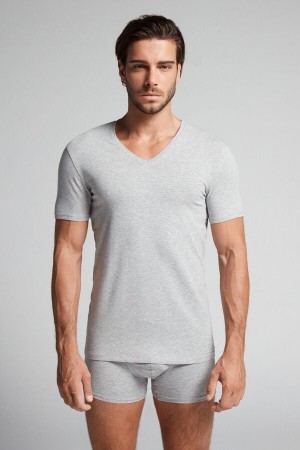 Intimissimi V-neck T-shirt In Stretch Supima® Cotton Sive | SN-ITMSM58605