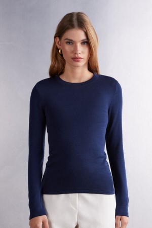 Intimissimi Vuna & Cotton Long Sleeve Crewneck Top Plave | SN-ITMSM58119