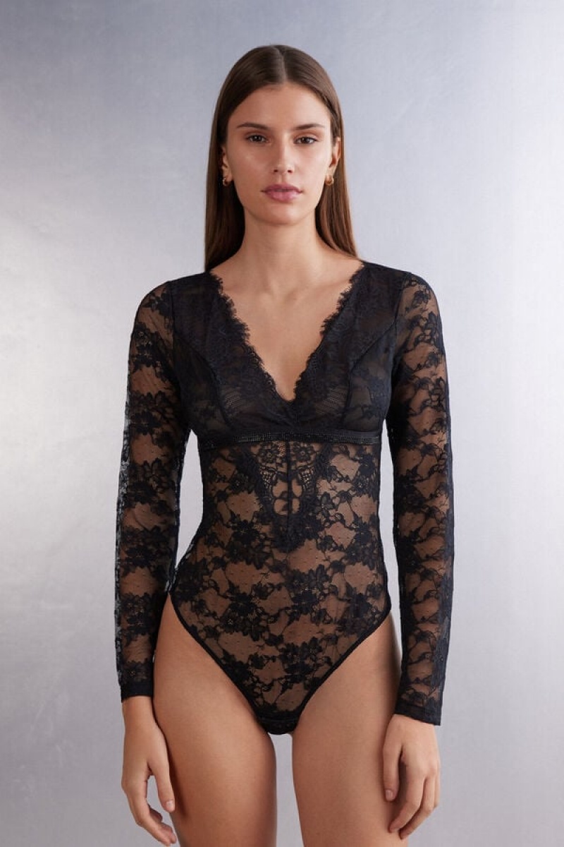 Intimissimi A Special Moment Long Sleeve Bodysuit In Lace Crne | SN-ITMSM58172