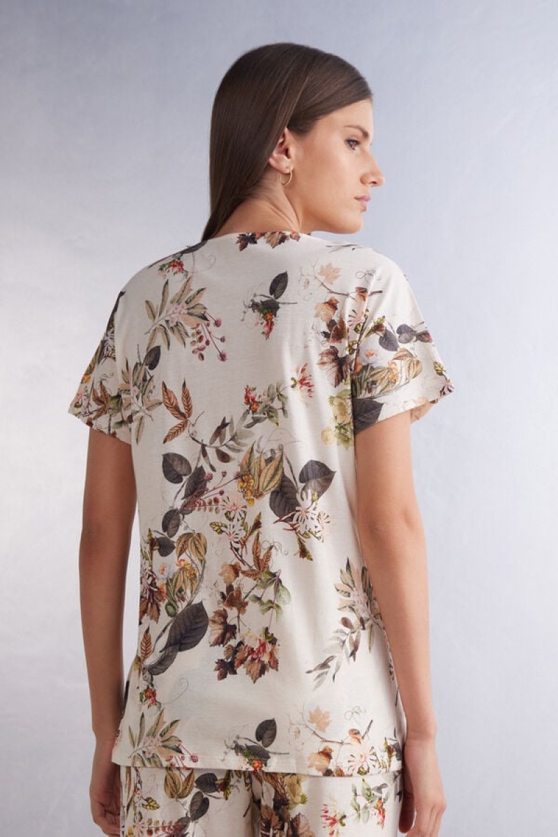 Intimissimi Autumn Botanics Short Sleeve Top In Supima® Ultrafresh Cotton Bež | SN-ITMSM58370