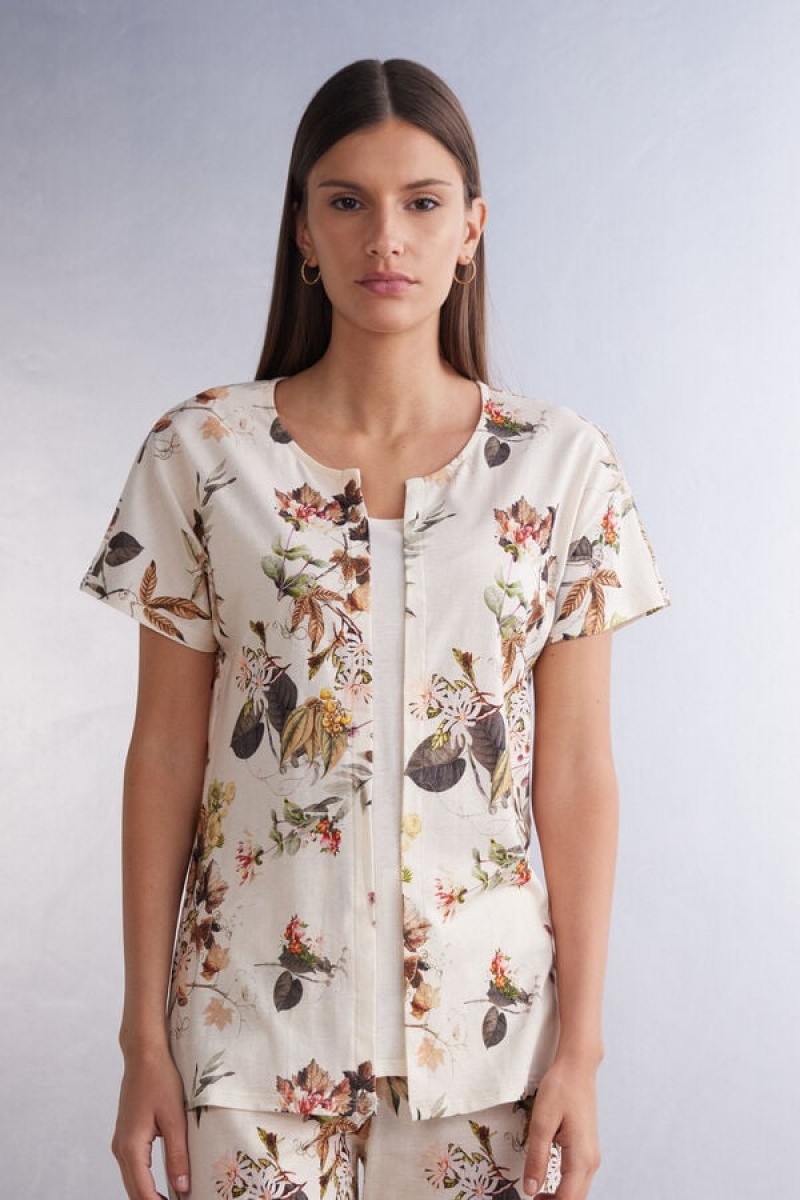 Intimissimi Autumn Botanics Short Sleeve Top In Supima® Ultrafresh Cotton Bež | SN-ITMSM58370