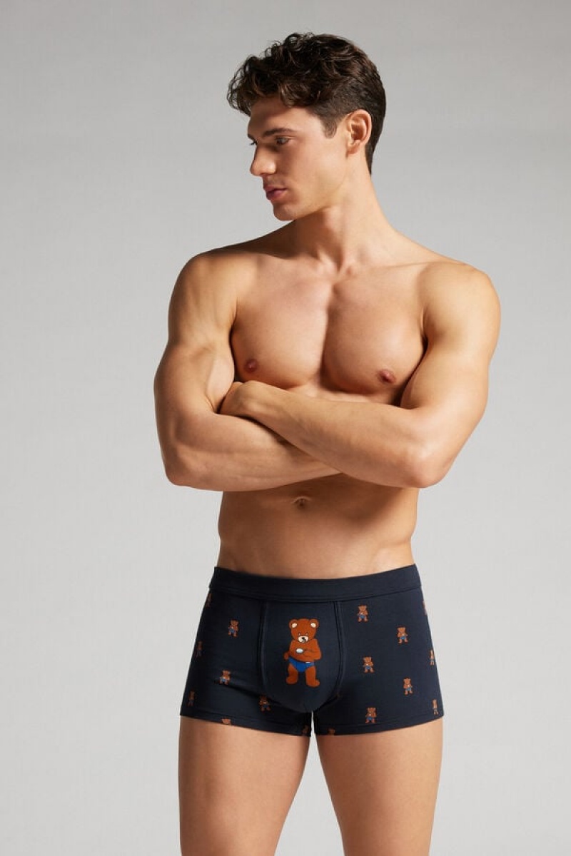 Intimissimi Bear Print Boxers In Stretch Supima® Cotton Plave | SN-ITMSM58531