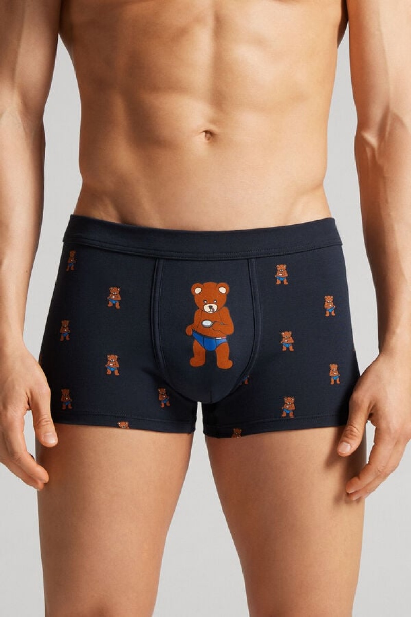 Intimissimi Bear Print Boxers In Stretch Supima® Cotton Plave | SN-ITMSM58531