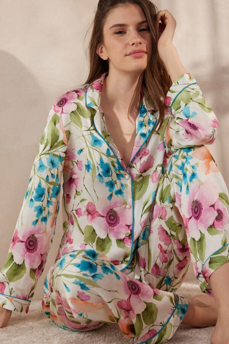 Intimissimi Botanical Lyrics Satin Button Up Shirt Visebojne | SN-ITMSM58246