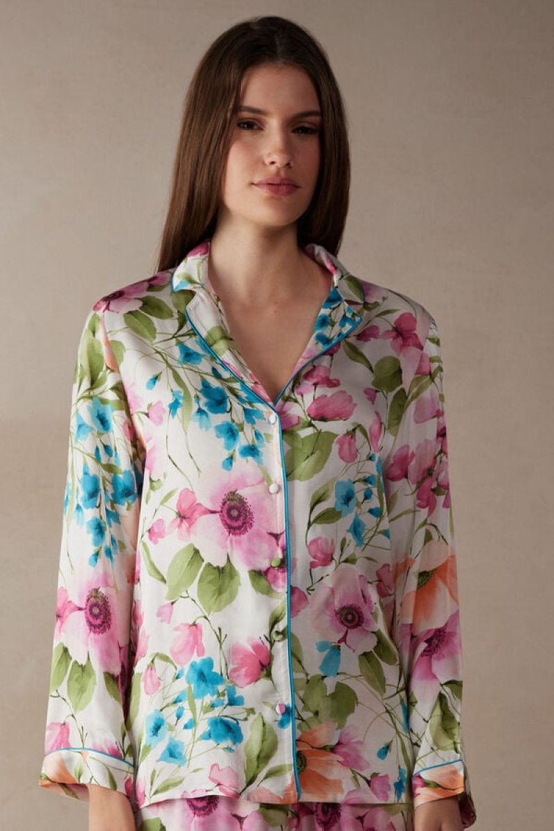 Intimissimi Botanical Lyrics Satin Button Up Shirt Visebojne | SN-ITMSM58246