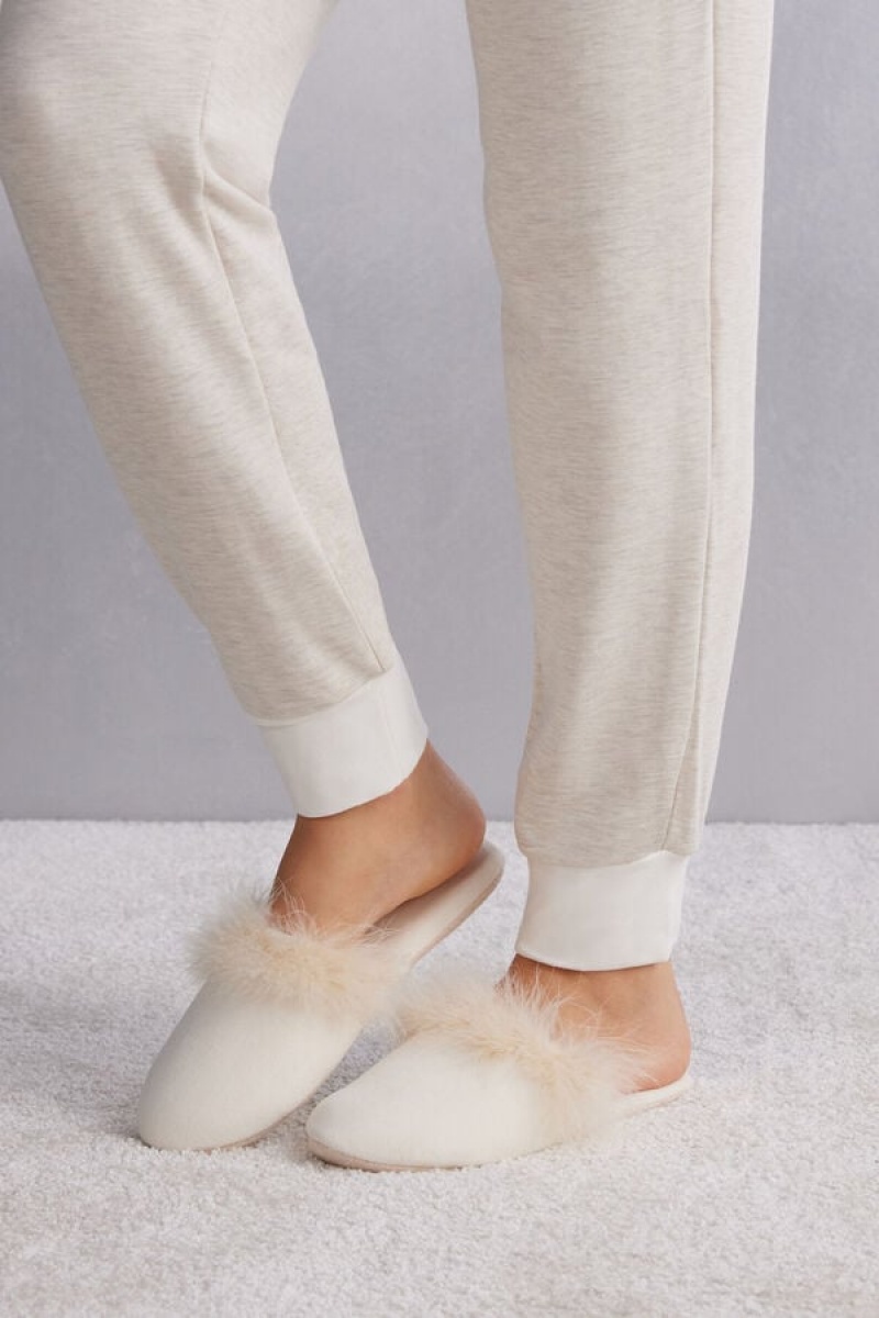 Intimissimi Feather Trim Slippers Bijele | SN-ITMSM58449