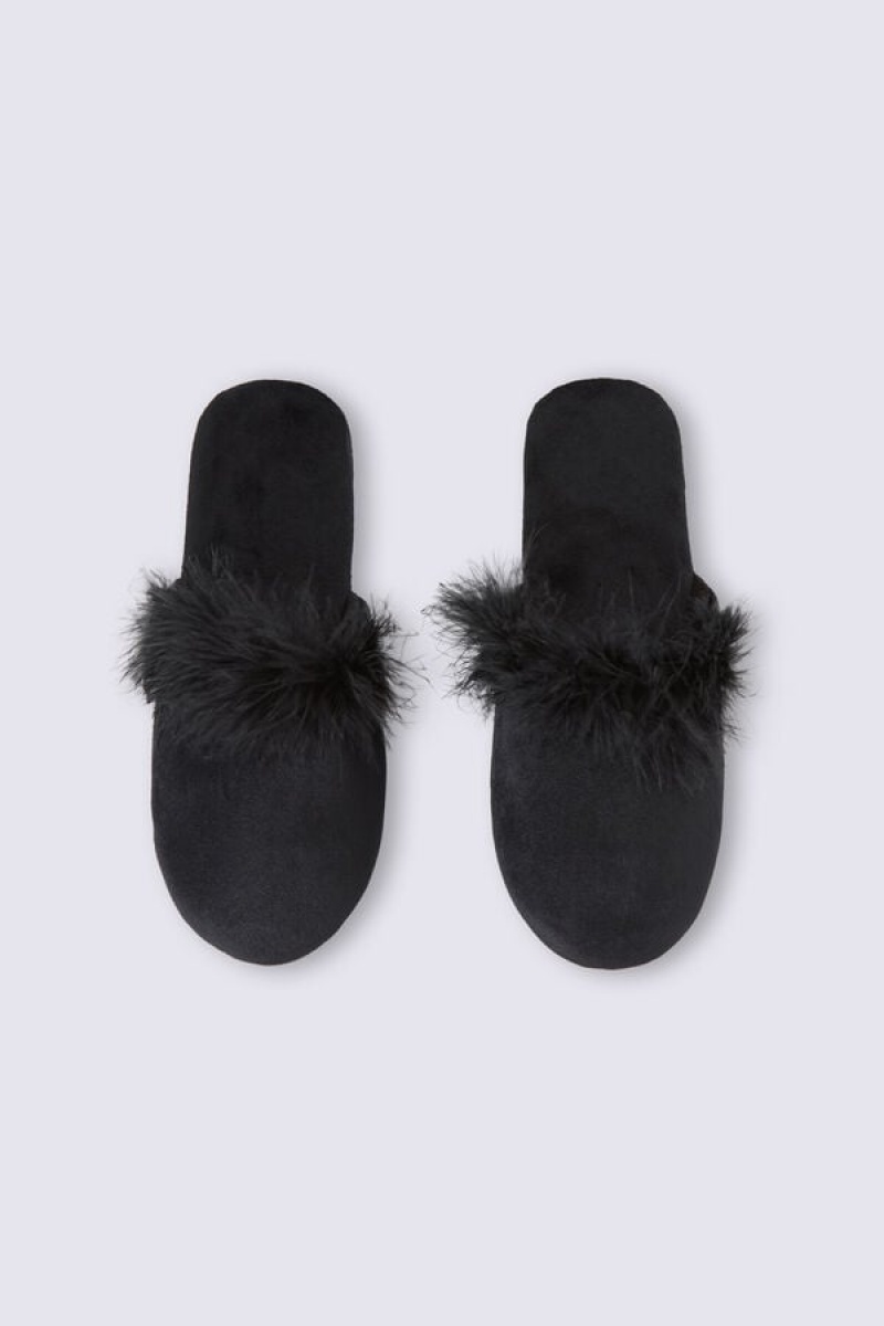 Intimissimi Feather Trim Slippers Crne | SN-ITMSM58450