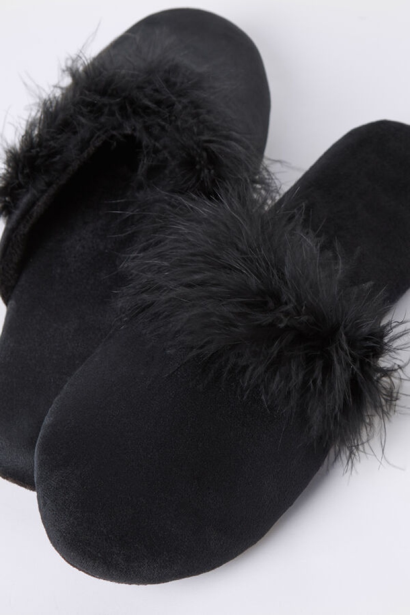 Intimissimi Feather Trim Slippers Crne | SN-ITMSM58450