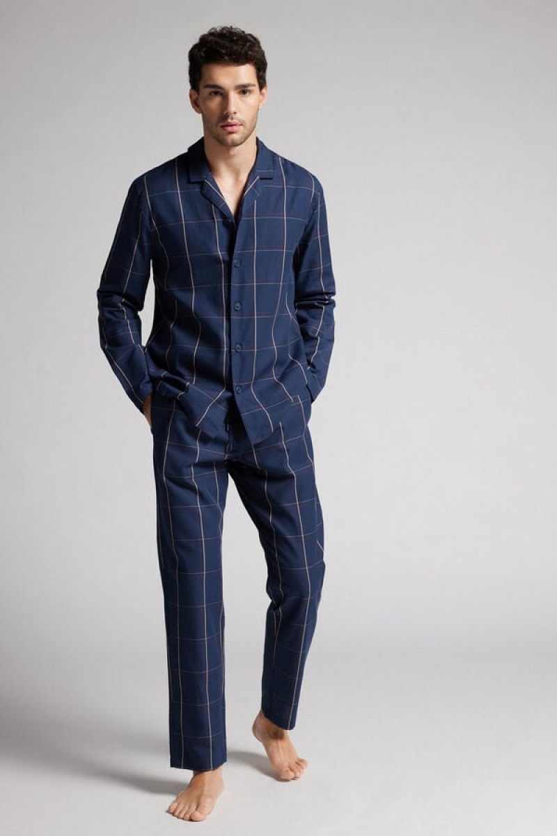 Intimissimi Full Length Button Down Pajamas In Check Patterned Cotton Cloth Plave | SN-ITMSM58712