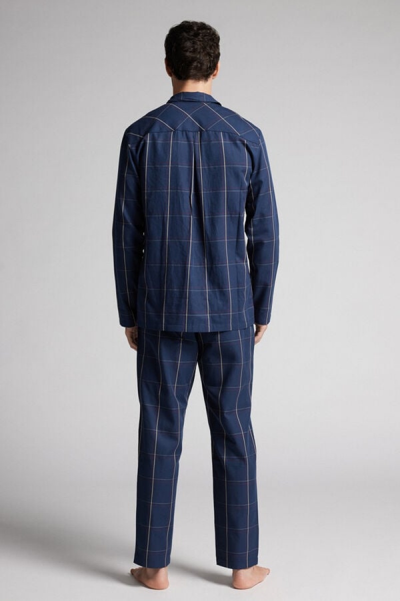 Intimissimi Full Length Button Down Pajamas In Check Patterned Cotton Cloth Plave | SN-ITMSM58712