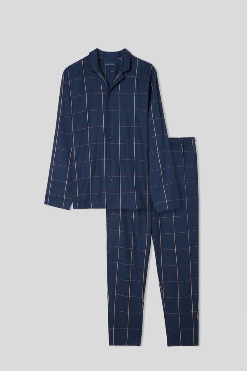 Intimissimi Full Length Button Down Pajamas In Check Patterned Cotton Cloth Plave | SN-ITMSM58712