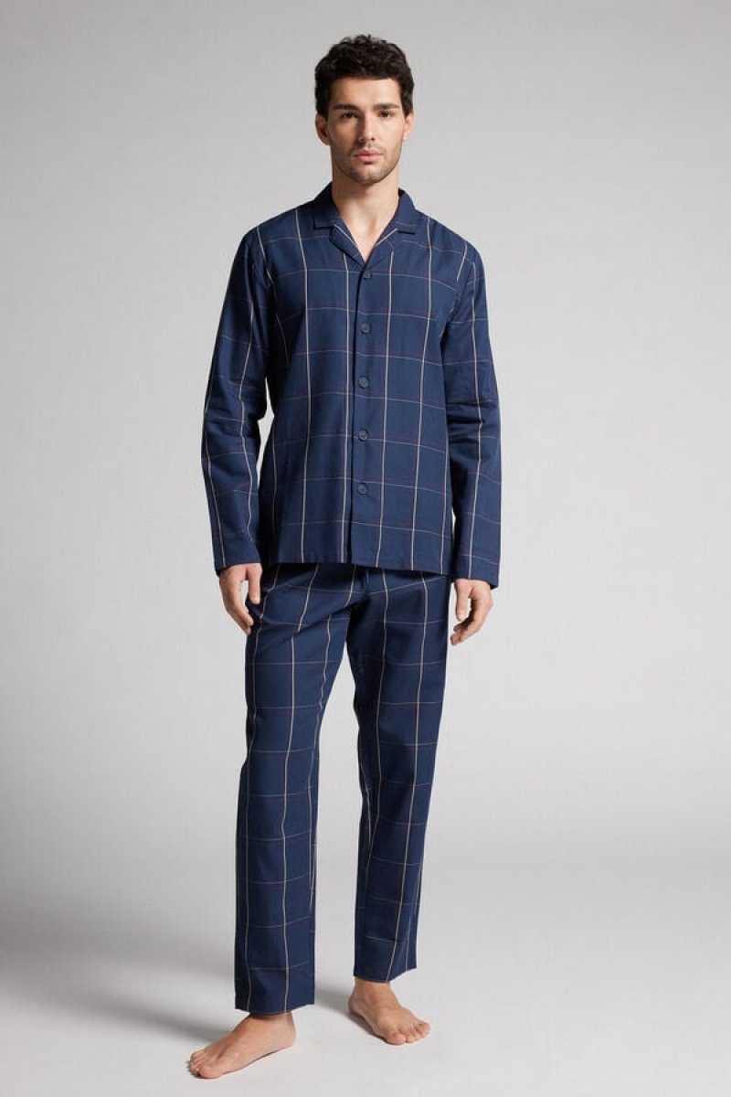 Intimissimi Full Length Button Down Pajamas In Check Patterned Cotton Cloth Plave | SN-ITMSM58712