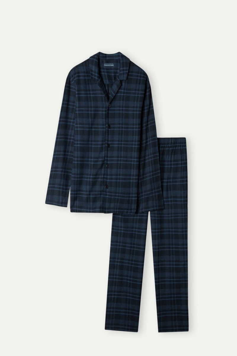 Intimissimi Full Length Pajamas In Brushed Check Patterned Cloth Plave | SN-ITMSM58707