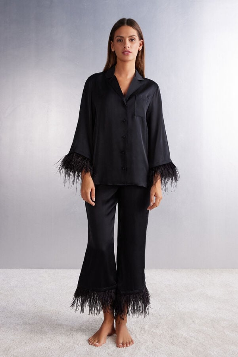 Intimissimi Full Length Pajamas In Viscose Satin With Feathers Crne | SN-ITMSM58291