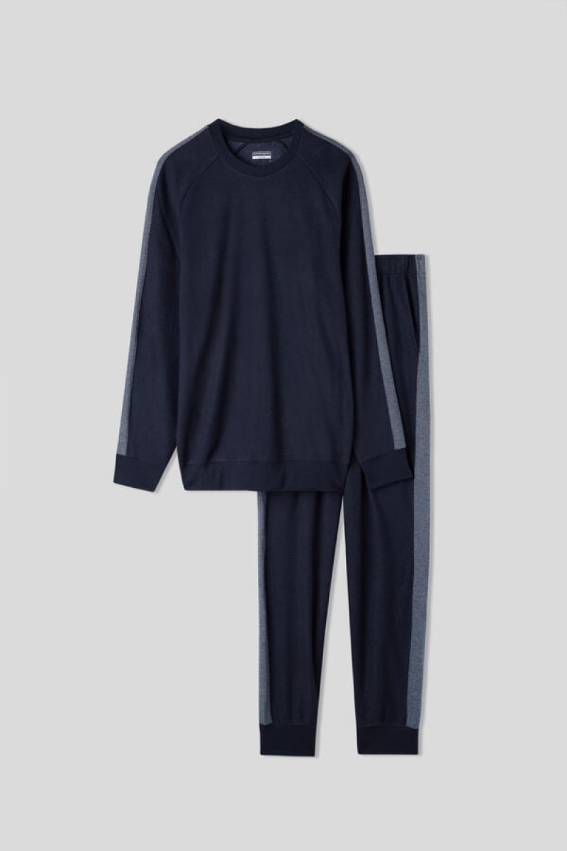 Intimissimi Full Length Tricot Pajamas With Side Stripes Plave | SN-ITMSM58718