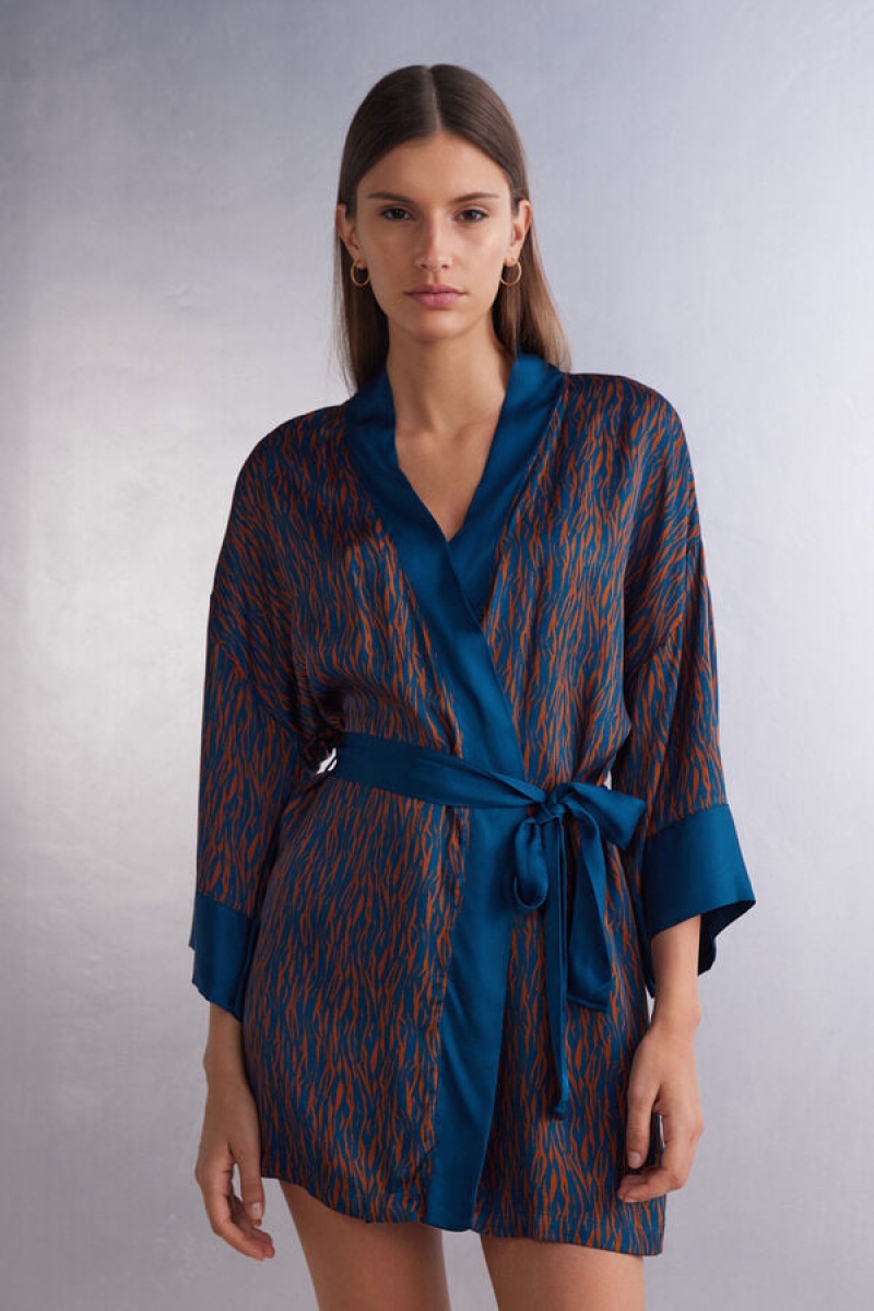 Intimissimi Go Animalier Viscose Satin Kimono Plave | SN-ITMSM58431